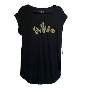 🌺 Carbon Copy Black Embroidered Cactus Shirt Sleeve Tee Size M NWT